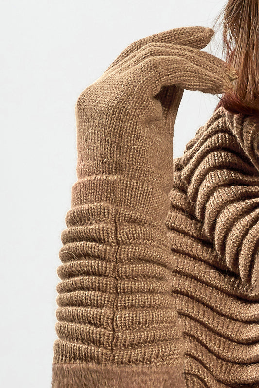Sentaler Adult Ribbed Gloves featured in Baby Alpaca and available in Dark Camel. Seen from front close up.