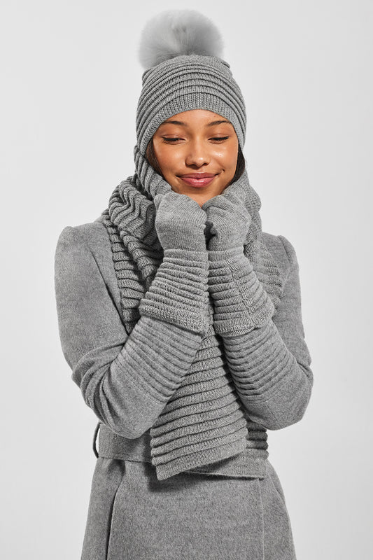 Sentaler Adult Ribbed Scarf featured in Baby Alpaca and available in Grey. Seen with hat and gloves 2.