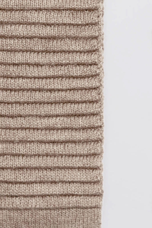 Sentaler Adult Ribbed Scarf featured in Baby Alpaca and available in Light Taupe. Seen close-up 2.