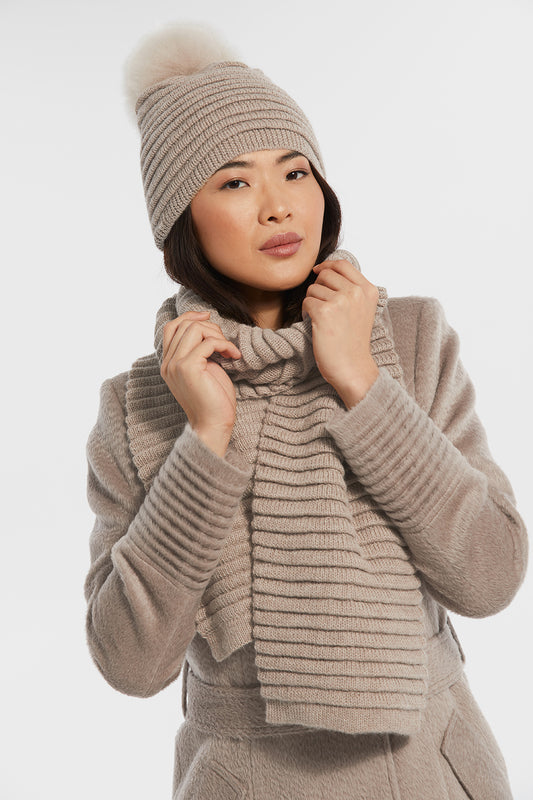 Sentaler Adult Ribbed Scarf featured in Baby Alpaca and available in Light Taupe. Seen with hat.