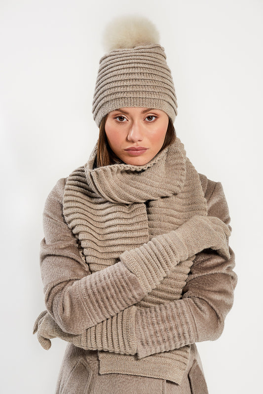 Sentaler Adult Ribbed Scarf featured in Baby Alpaca and available in Light Taupe. Seen with hat and gloves 1.