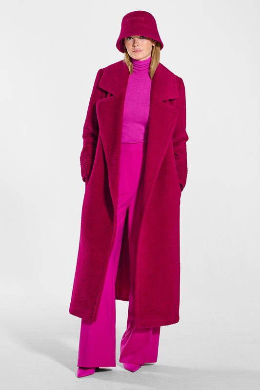 Sentaler Bouclé Alpaca Long Notched Collar Wrap Coat and Bouclé Alpaca Bucket Hat featured in Bouclé Alpaca and available in Orchid Flower. Seen from front open on model.