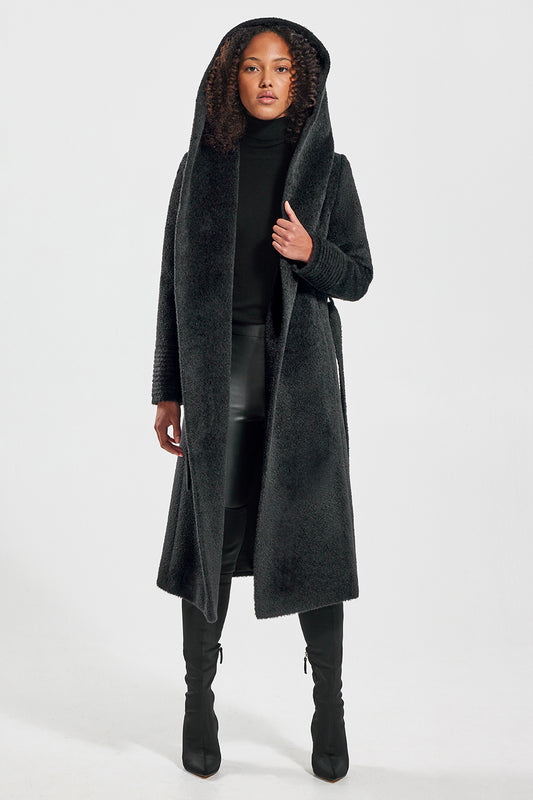 Sentaler Bouclé Alpaca Long Hooded Wrap Coat featured in Bouclé Alpaca and available in Black. Seen from front open with hood on model.