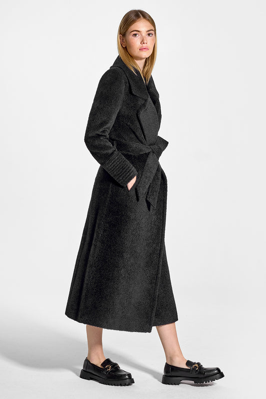 Sentaler Bouclé Alpaca Long Notched Collar Wrap Coat featured in Bouclé Alpaca and available in Black. Seen from side on model.