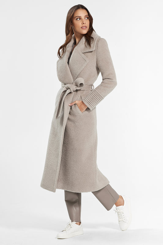Sentaler Bouclé Alpaca Long Notched Collar Wrap Coat featured in Bouclé Alpaca and available in Sand. Seen from side.