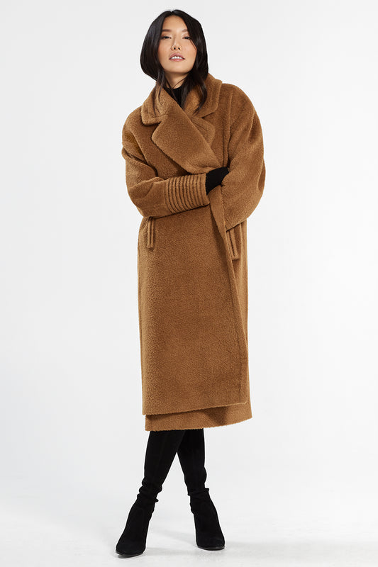 Sentaler Bouclé Alpaca Long Oversized Notched Collar Coat featured in Bouclé Alpaca and available in Caramel Café. Seen in action.