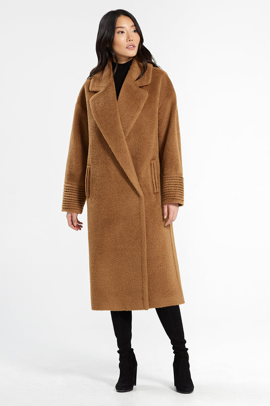 Sentaler Bouclé Alpaca Long Oversized Notched Collar Coat featured in Bouclé Alpaca and available in Caramel Café. Seen from front.