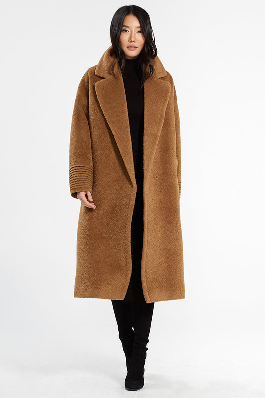 Sentaler Bouclé Alpaca Long Oversized Notched Collar Coat featured in Bouclé Alpaca and available in Caramel Café. Seen open.