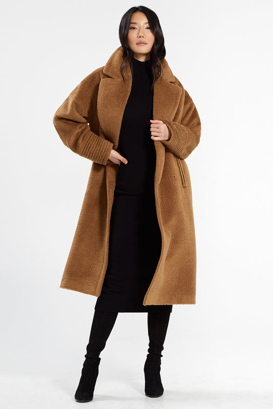 Sentaler Bouclé Alpaca Long Oversized Notched Collar Coat featured in Bouclé Alpaca and available in Caramel Café. Seen open.