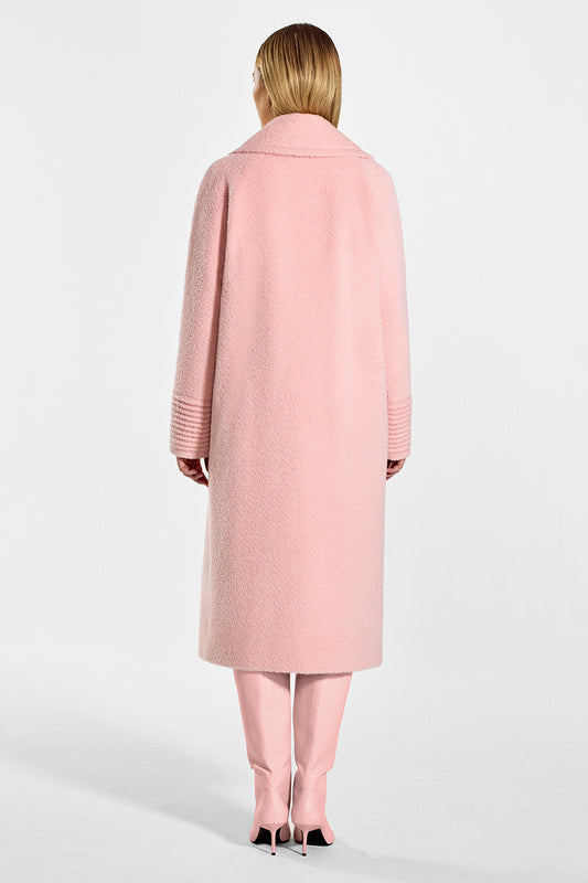 Sentaler Bouclé Alpaca Long Raglan Sleeve Notched Collar Coat featured in Bouclé Alpaca and available in Pink Clay. Seen from back on model.