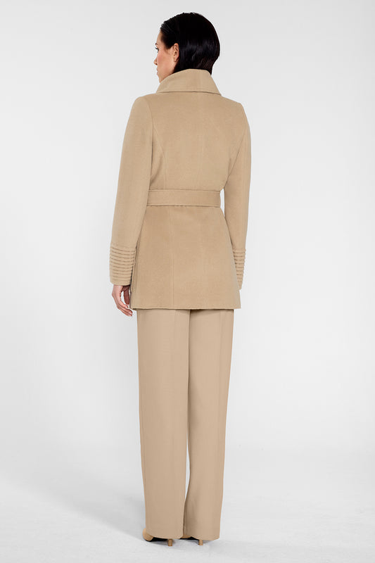  Sentaler Cropped Wide Collar Wrap Coat featured in Baby Alpaca and available in Camel. Seen from back on female model wearing the coat belted and buttoned.