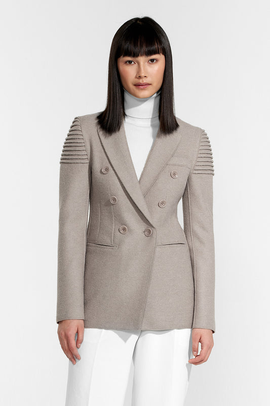 Sentaler Double Breasted Peak Collar Blazer featured in Superfine Alpaca and available in Simply Taupe. Seen from front above the knee.