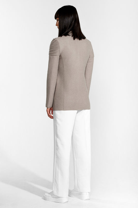 Sentaler Double Breasted Peak Collar Blazer featured in Superfine Alpaca and available in Simply Taupe. Seen from back.