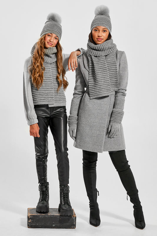Sentaler Kids (6-14 Years) Ribbed Accessories. featured in Baby Alpaca and available in Grey. Seen in adult & kid from front.