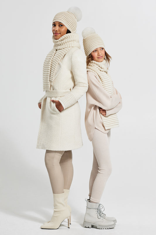Sentaler Kids (6-14 Years) Ribbed Accessories featured in Baby Alpaca and available in Ivory. Seen as adult & kid from front.