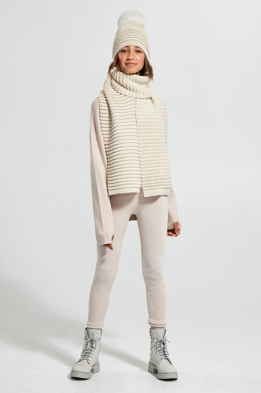 Sentaler Kids (6-14 Years) Ribbed Scarf featured in Baby Alpaca and available in Ivory. Seen from front.