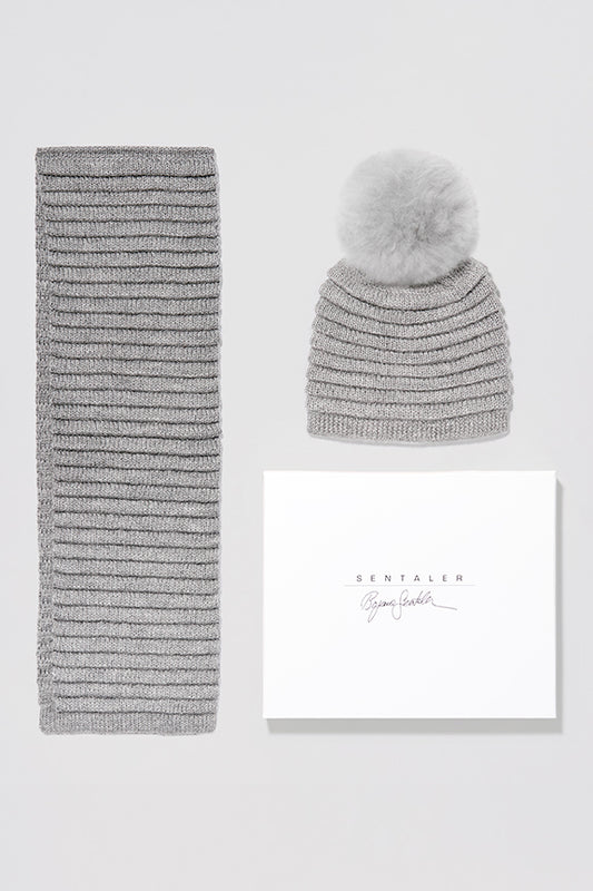 Kids Ribbed Hat with Oversized Fur Pompon, Grey