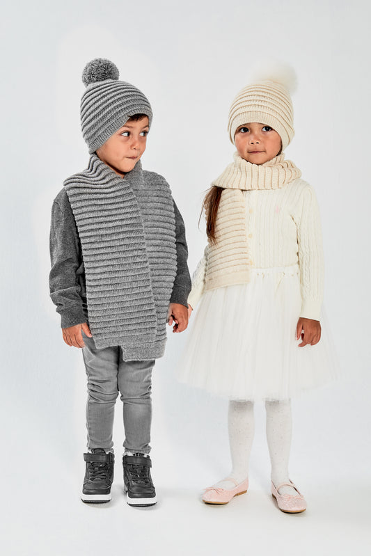 Kids Ribbed Hat with Oversized Knit Pompon, Grey