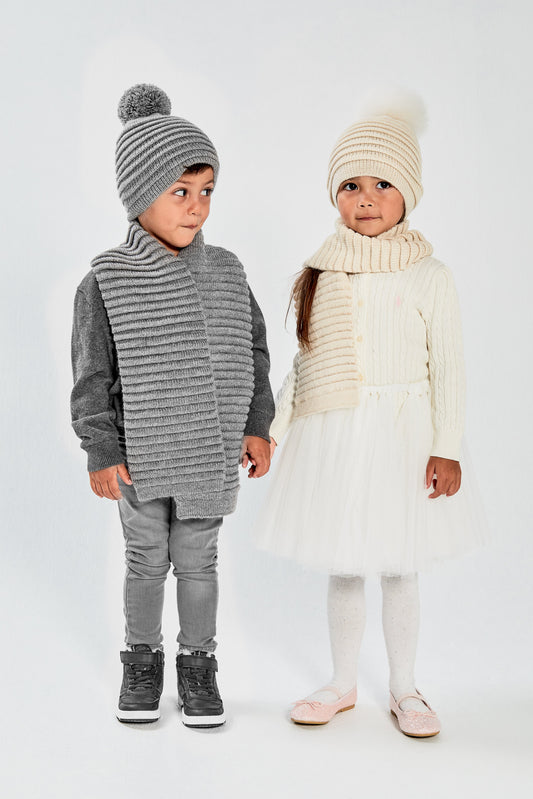 Kids Ribbed Hat with Oversized Fur Pompon, Ivory