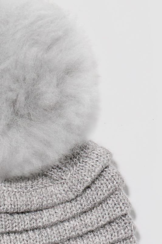 Kids Ribbed Hat with Oversized Fur Pompon, Grey