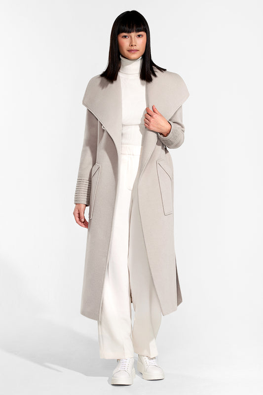 Sentaler Long Wide Collar Wrap Coat featured in Baby Alpaca and available in Bleeker Beige. Seen from front open.Sentaler Long Wide Collar Wrap Coat featured in Baby Alpaca and available in Bleeker Beige. Seen from front open.