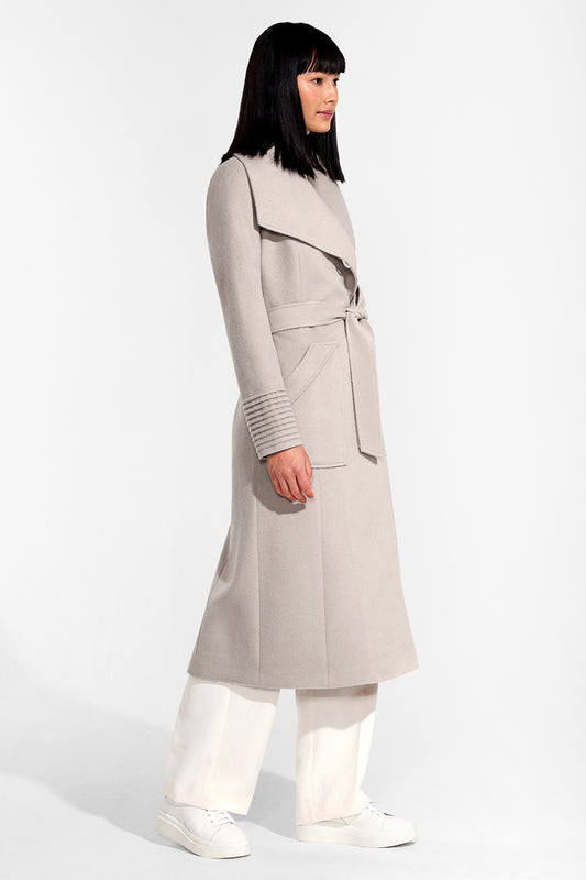 Sentaler Long Wide Collar Wrap Coat featured in Baby Alpaca and available in Bleeker Beige. Seen from side.