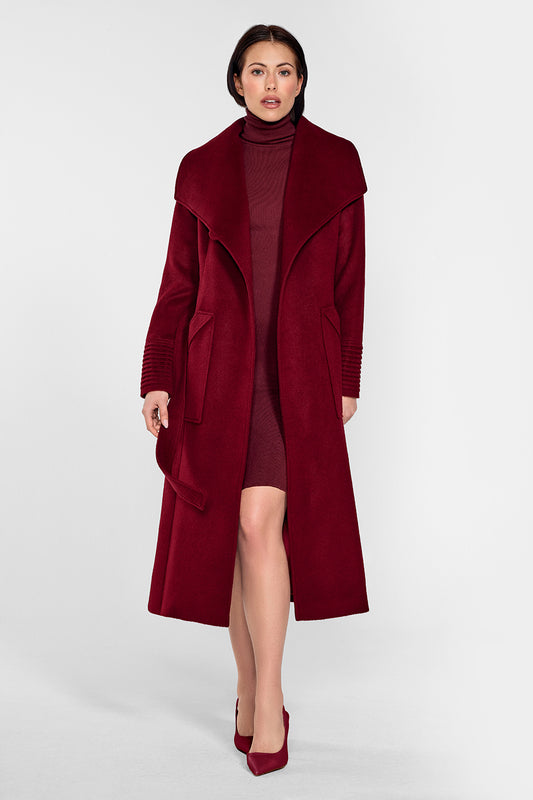 Sentaler Long Wide Collar Wrap Coat featured in Baby Alpaca and available in Garnet Red. Seen from front on female model who is wearing the coat open.