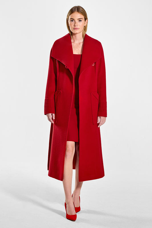 Sentaler Long Wide Collar Wrap Coat featured in Baby Alpaca and available in Scarlet Red. Seen from front open on model.