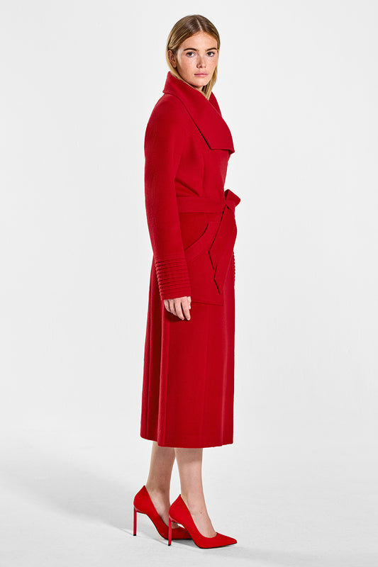 Sentaler Long Wide Collar Wrap Coat featured in Baby Alpaca and available in Scarlet Red. Seen from side on model.