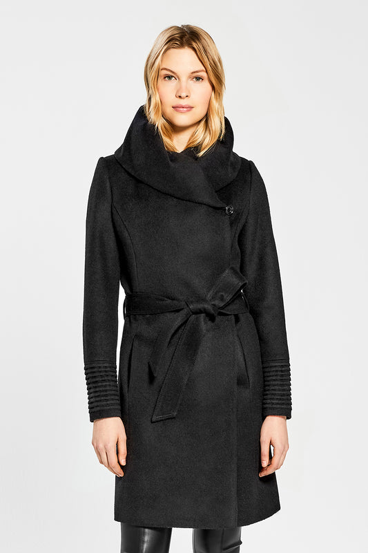 Sentaler Mid Length Hooded Wrap Coat featured in Baby Alpaca and available in Black. Seen from front above the knees on model.