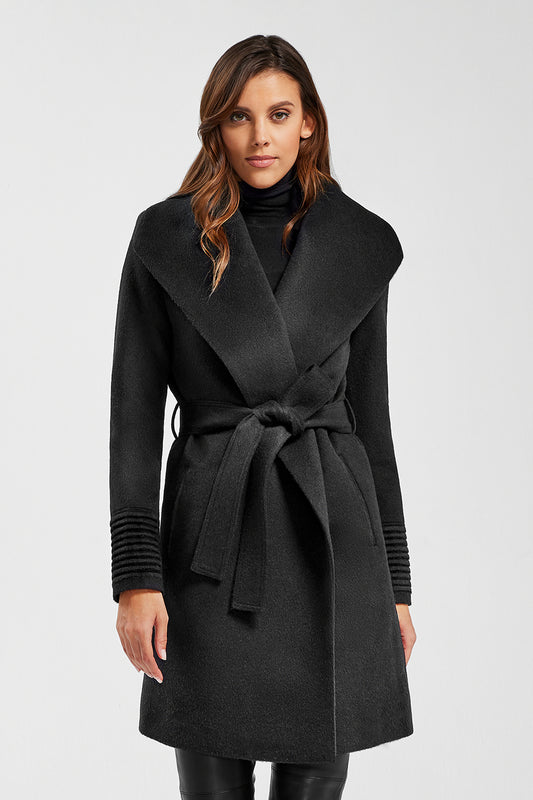 Sentaler Mid Length Shawl Collar Wrap Coat featured in Baby Alpaca and available in Black. Seen from front above the knees on model.