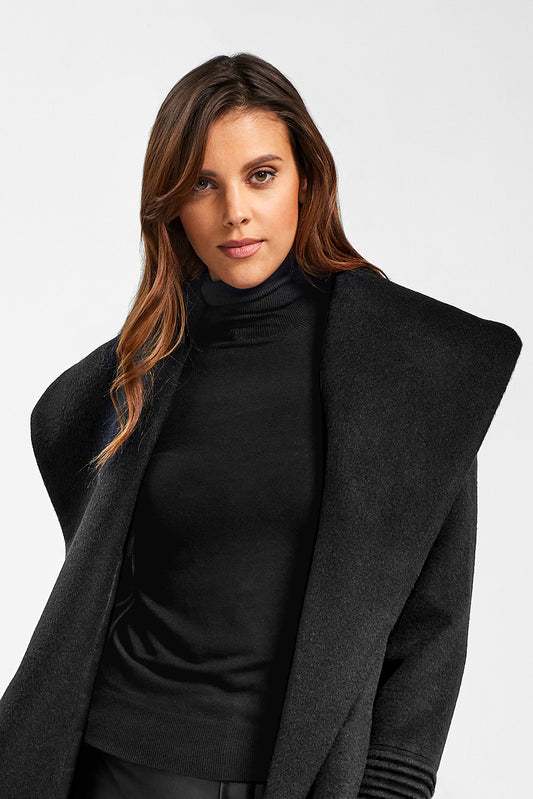 Sentaler Mid Length Shawl Collar Wrap Coat featured in Baby Alpaca and available in Black. Seen from front open close up on model.