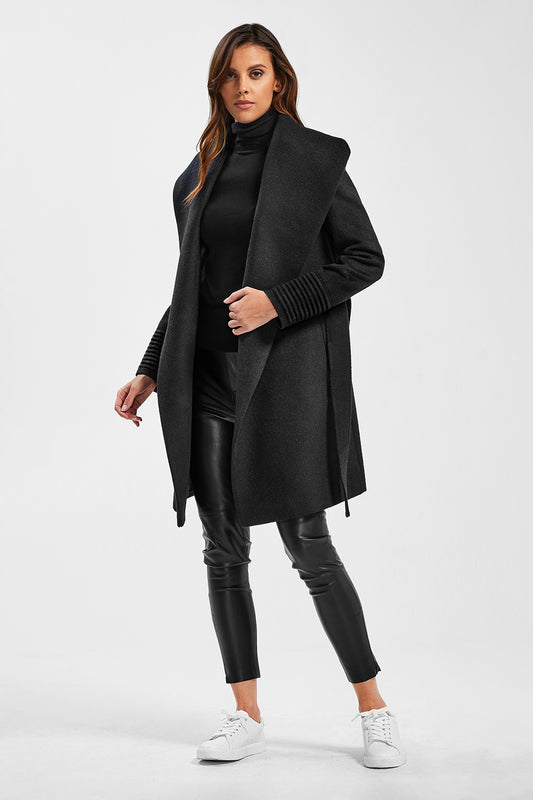 Sentaler Mid Length Shawl Collar Wrap Coat featured in Baby Alpaca and available in Black. Seen from side on model.