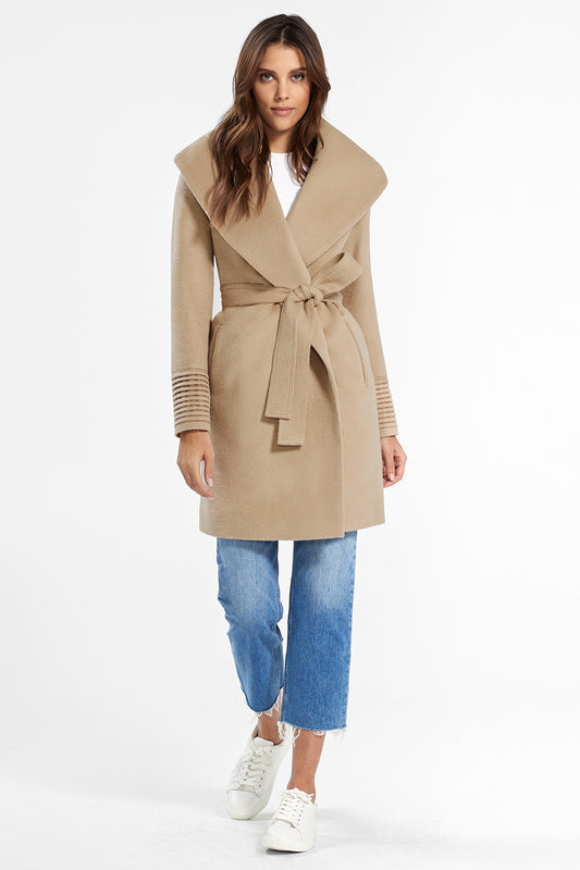 Sentaler Mid Length Shawl Collar Wrap Coat featured in Baby Alpaca and available in Camel. Seen from front.