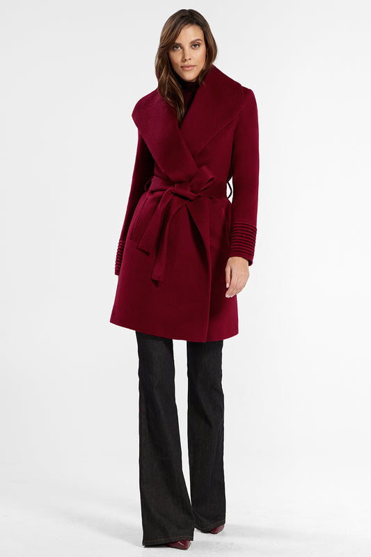 Sentaler Mid Length Shawl Collar Wrap Coat featured in Baby Alpaca and available in Garnet Red. Seen from front.