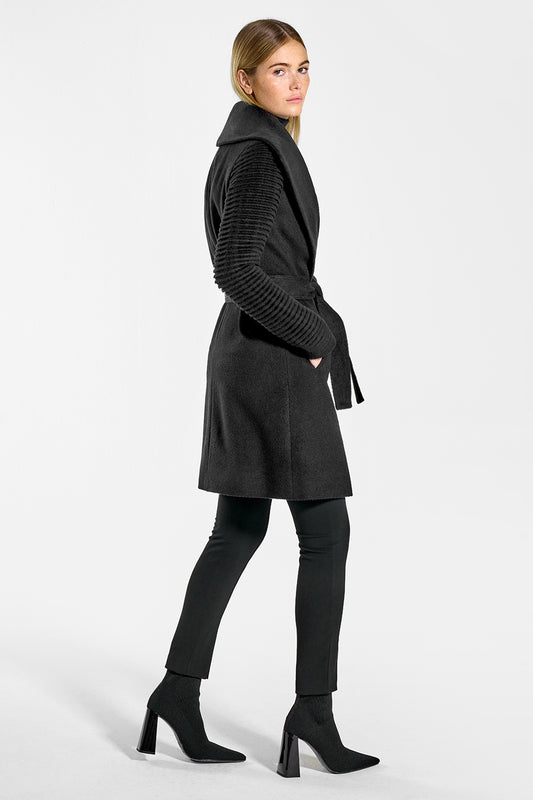 Sentaler Mid Length Shawl Collar Wrap Coat with Ribbed Sleeves featured in Baby Alpaca and available in Black. Seen from side on mode.