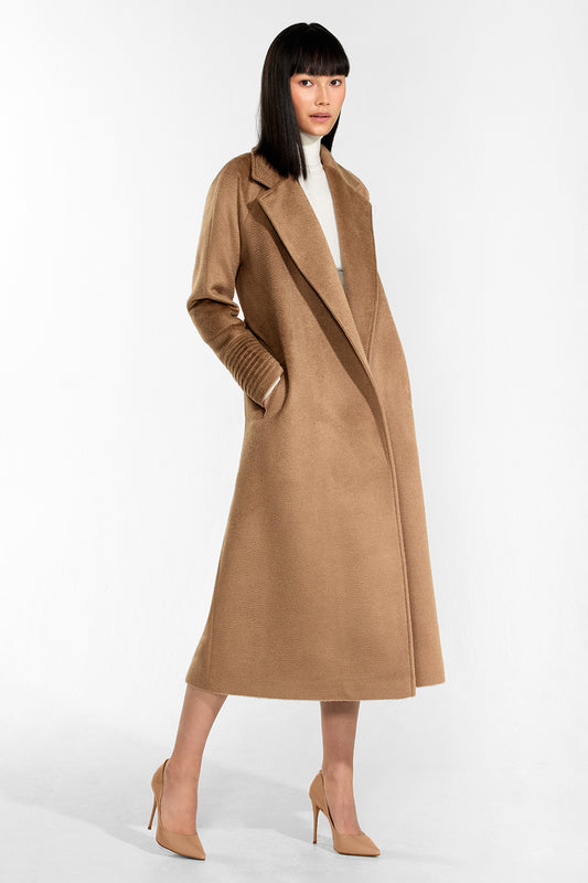Sentaler Suri Alpaca Long Notched Collar Raglan Sleeve Wrap Coat featured in Suri Alpaca and available in Dark Camel. Seen from side open.