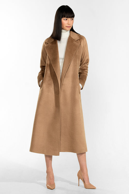 Sentaler Suri Alpaca Long Notched Collar Raglan Sleeve Wrap Coat featured in Suri Alpaca and available in Dark Camel. Seen from front open.