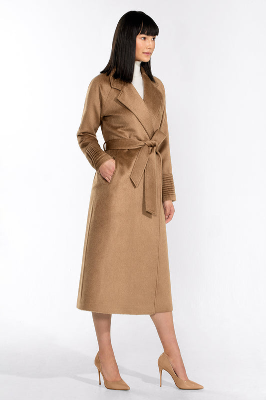 Sentaler Suri Alpaca Long Notched Collar Raglan Sleeve Wrap Coat featured in Suri Alpaca and available in Dark Camel. Seen from side.