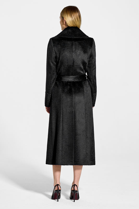 Sentaler Suri Alpaca Long Notched Collar Wrap Coat featured in Suri Alpaca and available in Black. Seen from back on model.