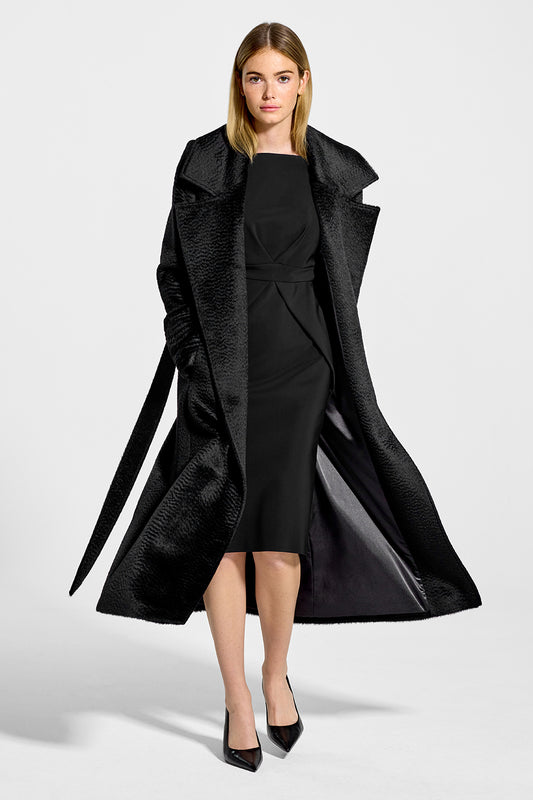 Sentaler Suri Alpaca Long Notched Collar Wrap Coat featured in Suri Alpaca and available in Black. Seen from front open on model.