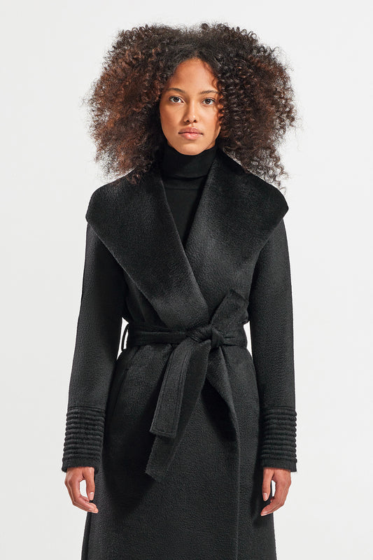Sentaler Suri Alpaca Long Shawl Collar Wrap Coat featured in Suri Alpaca and available in Black. Seen from front above the knee.