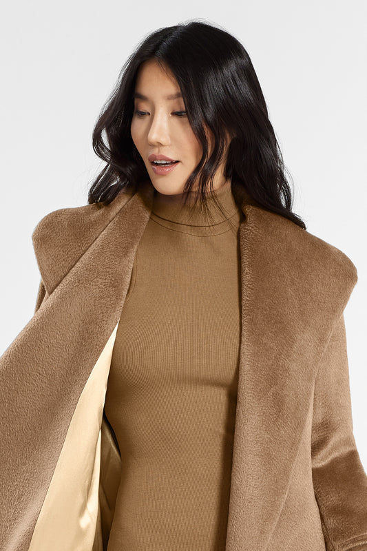 Sentaler Suri Alpaca Long Shawl Collar Wrap Coat featured in Suri Alpaca and available in Dark Camel. Seen from front open close up.