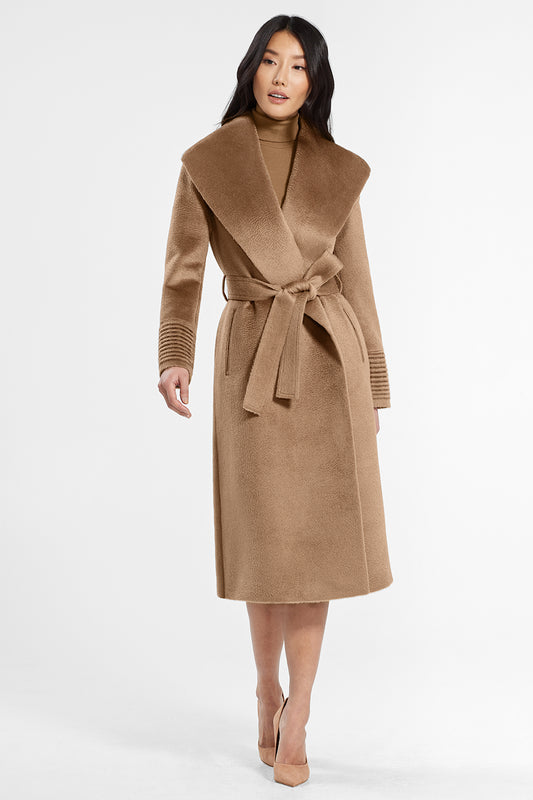 Sentaler Suri Alpaca Long Shawl Collar Wrap Coat featured in Suri Alpaca and available in Dark Camel. Seen from front.