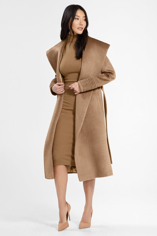 Sentaler Suri Alpaca Long Shawl Collar Wrap Coat featured in Suri Alpaca and available in Dark Camel. Seen open.
