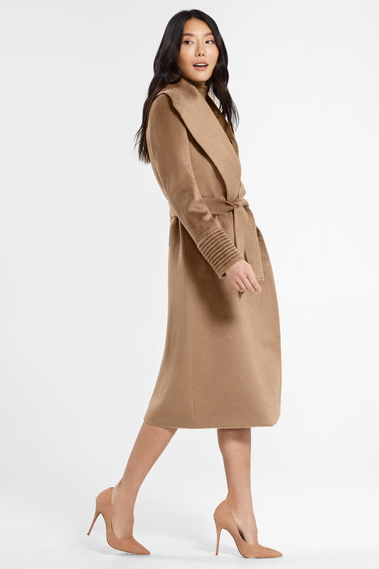 Sentaler Suri Alpaca Long Shawl Collar Wrap Coat featured in Suri Alpaca and available in Dark Camel. Seen from side.