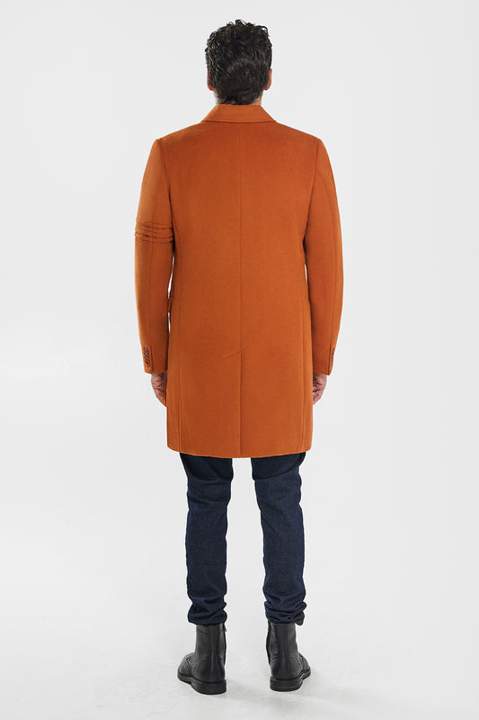 Sentaler Technical Baby Alpaca Double Breasted Overcoat featured in Technical Baby Alpaca and available in Burnt Orange. Seen from back.