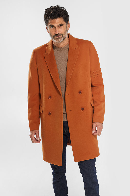 Sentaler Technical Baby Alpaca Double Breasted Overcoat featured in Technical Baby Alpaca and available in Burnt Orange. Seen from front open.