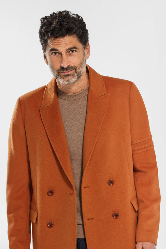 Sentaler Technical Baby Alpaca Double Breasted Overcoat featured in Technical Baby Alpaca and available in Burnt Orange. Seen from front open close up.