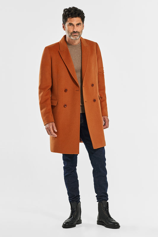 Sentaler Technical Baby Alpaca Double Breasted Overcoat featured in Technical Baby Alpaca and available in Burnt Orange. Seen from front open.